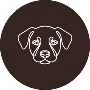 Eine weiße Strichzeichnung eines Hundekopfs in einem dunkelbraunen Kreis.